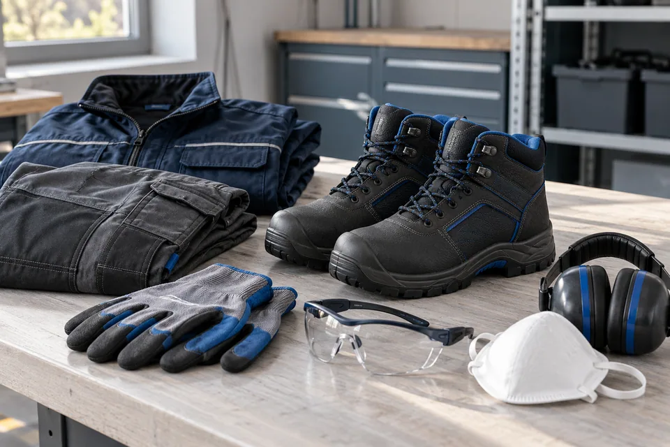 Arbeitsjacke, Arbeitshose, Sicherheitsschuhe, Handschuhe und Schutzausrüstung – KI-generiertes Symbolbild