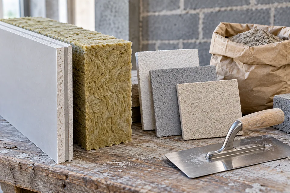 Materialmuster für Putz, Dämmung und Trockenbau – KI-generiertes Symbolbild