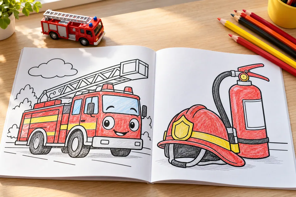 Brandschutz-Malbuch mit Feuerwehr, Helm und Feuerlöscher sowie einem Spielzeugfahrzeug – KI-generiertes Symbolbild