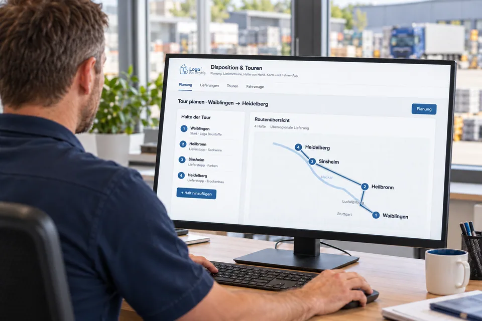 Disponent am Arbeitsplatz mit beispielhafter Tourenplanung von Waiblingen nach Heidelberg im Loga-Portal – KI-generiertes Symbolbild