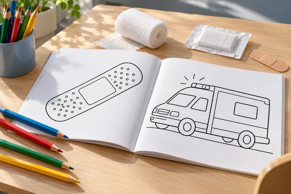 Malbuch zu Erster Hilfe mit Pflasterzeichnung, Rettungswagen und Verbandsmaterial – KI-generiertes Symbolbild