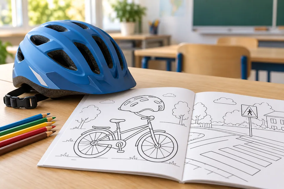 Fahrradhelm, Verkehrsmalbuch und Buntstifte auf einem Tisch – KI-generiertes Symbolbild