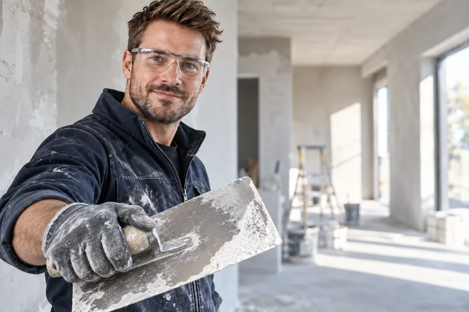 Handwerker beim Verputzen einer Innenwand – KI-generiertes Symbolbild