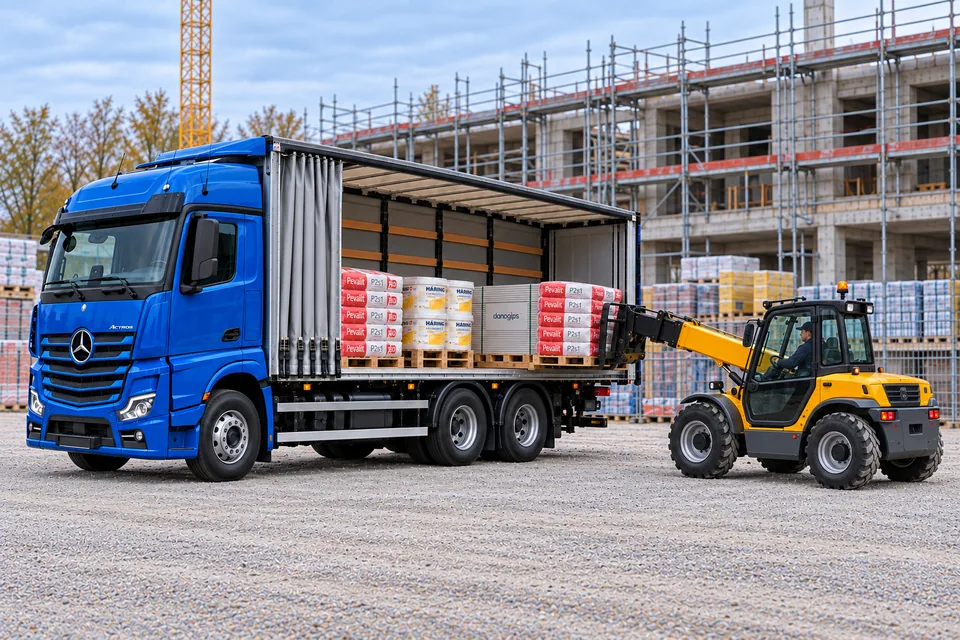 Blauer Mercedes-Benz Actros auf einer Baustelle von schräg vorne mit geöffneter, gefalteter Seitenplane und Teleskoplader mit Palettengabel beim Entladen von PEVALIT-Sackware – KI-generiertes Symbolbild