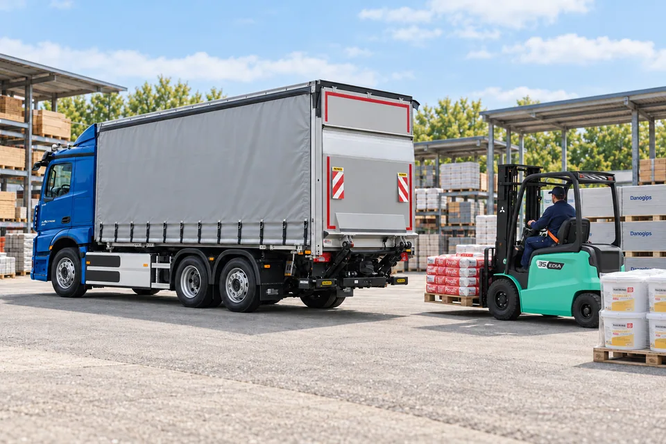 Син Mercedes-Benz eActros 400 със сив брезент, товарен борд PALFINGER и тюркоазенозелен електрокар Mitsubishi-EDiA с продукти PEVALIT в чували – илюстративно изображение, генерирано с ИИ